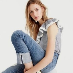 J. CREW One Shoulder Ruffle Top Blouse In Navy Blue White Pinstripe Size 10 NEW